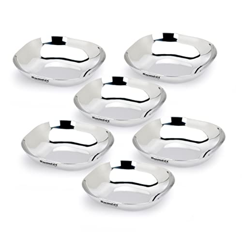 Sumeet Stainless Steel Small Apple Square Shape Plate/Dessert Plate/Halwa Plate Set of 6pcs, 10.5cm Dia, 170ML Each - Silver