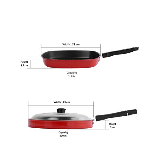 Sumeet 2.6mm Thick Non-Stick Vivid Red Cookware Set (Grill Pan – 1.1Ltr Capacity – 22cm Dia + Pizza Pan – 23cm Dia)