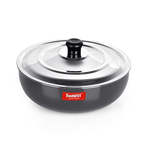 Sumeet 3mm Hard Anodized Deep Tasla with Stainless Steel Lid Size No. - 15 (28.5 cm Dia. 4.5L Capacity)