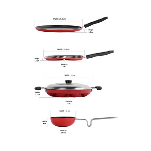 Sumeet 2.6mm Thick Non-Stick Kelp Cookware Set (Dosa Tawa – 26.5cm Dia + Mini Multi Snack Maker – 19.5cm Dia + Grill Appam Patra with Lid – 23cm Dia + Tadka Pan – 10cm Dia)