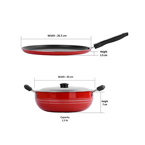 Sumeet 2.6mm Thick Non-Stick Ruby Cookware Set (Dosa Tawa – 26.5cm Dia + Kadhai with Lid – 1.5Ltr Capacity- 20cm Dia)