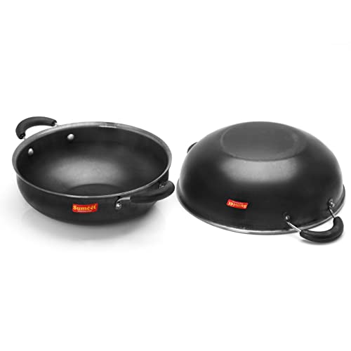 Sumeet Pre Seasoned Iron Kadai Set of 2 (Double Side Handle)2.5mm Thick (22.8 cm, 25.2cm), 2.3Ltr, 3Ltr