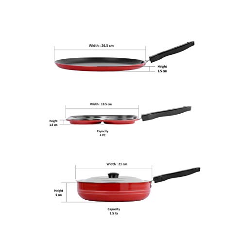 Sumeet 2.6mm Thick Non-Stick Redina Combo Set (Dosa Tawa – 26.5cm Dia + Mini Multi Snack Maker – 19.5cm Dia + Fry pan – 1.5Ltr Capacity – 21cm Dia)