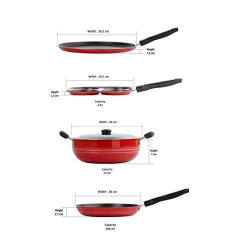 Sumeet 2.6mm Thick Non-Stick Rodze Cookware Set (Dosa Tawa – 26.5cm Dia + Mini Multi Snack Maker – 19.5cm Dia + Kadhai with Lid – 1.5Ltr Capacity- 20cm Dia + Tapper pan – 20cm Dia)