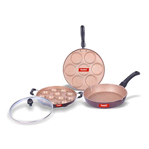 Sumeet Nonstick Granite Finish Ideal cookware Set (Round Grill Pan 25.5cm Dia + Grill Appam Patra with Glass Lid - 12 Cavity - 23cm Dia + Multi Snack Maker - 7 Cavity - 26.5cm Dia)
