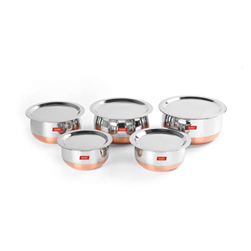 Sumeet Stainless Steel Copper Bottom Belly Shape 5 Pc Tope / Cookware/ Pot Set with Lid 380ML, 500ML, 780ML, 1.1Ltr, 1.4Ltr, (Silver)