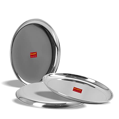 Sumeet Stainless Steel Heavy Gauge Shallow Salad Plates with Mirror Finish 18.5 cm Dia - Set of 3pc