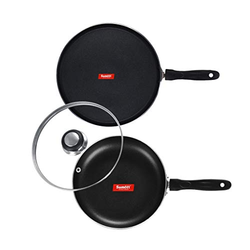 Sumeet NonStick Argjend Cookware Set (Dosa Tawa - 26.5Cm Dia + Frypan with Glass Lid - 1.5Ltr - 22Cm Dia) Silver