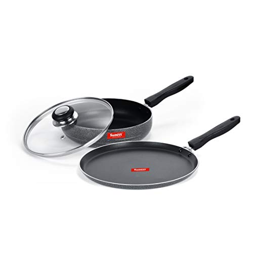 Sumeet NonStick Argjend Cookware Set (Dosa Tawa - 26.5Cm Dia + Frypan with Glass Lid - 1.5Ltr - 22Cm Dia) Silver