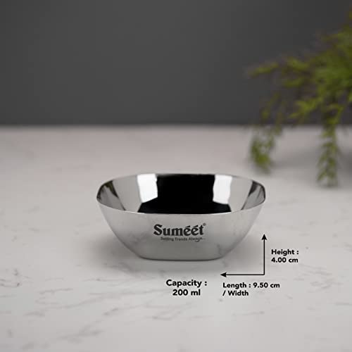 Sumeet Heavy Gauge Stainless Steel Apple Square Bowl/Wati/Katori with Mirror Finish – 9.5cm Dia, Set of 6pc, 200ML Each - Silver