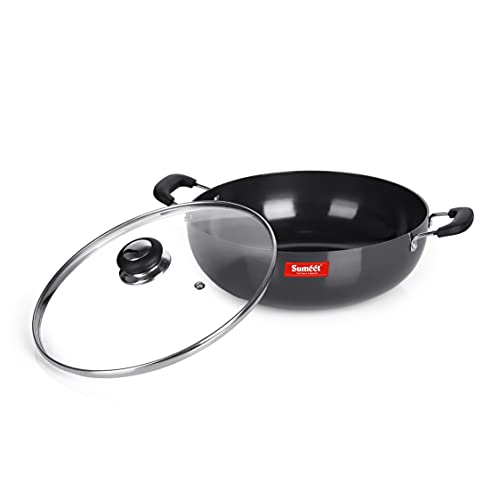 Sumeet 3mm Hard Anodized Deep kadai with Glass Lid Big Size No. - 15 (28.5cm Dia. 4.5 LTR Capacity)