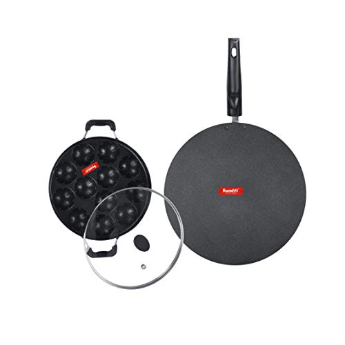 Sumeet NonStick Salapi Cookware Set (Flat Tawa - 30.5cm Dia + Grill Appam Patra with Glass Lid - 12 Cavity - 22cm Dia)