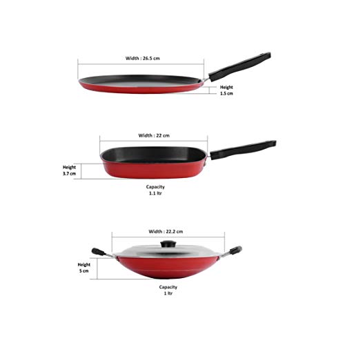Sumeet 2.6mm Thick Non-Stick Flanna Combo Set (Dosa Tawa – 26.5cm Dia + Grill Pan with Lid – 23cm Dia + Appachatty – 22.2cm Dia)