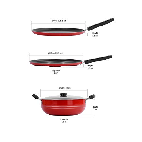 Sumeet 2.6mm Thick Non-Stick Strawberry Combo Set (Dosa Tawa – 26.5cm Dia + Multi Snack Maker – 26.5cm Dia + Kadhai with Lid – 1.5Ltr Capacity- 20cm Dia)