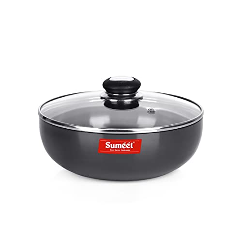 Sumeet 3mm Hard Anodized Deep Tasla with Glass Lid Size No. - 10 (18.5cm Dia. 1.3 LTR Capacity)
