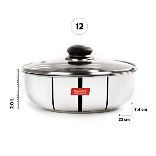 Sumeet Stainless Steel Encapsulated Bottom Induction and Gas Stove Friendly Tasra with Glass Lid - (2Ltr - 22cm), Silver