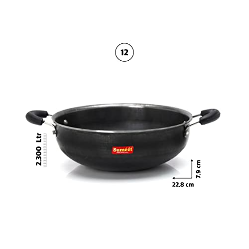 Sumeet Pre Seasoned Iron Kadai 2.5mm Thick with Stainless Steel Lid (Double Side Handle) 25.2 cm, 3Ltr