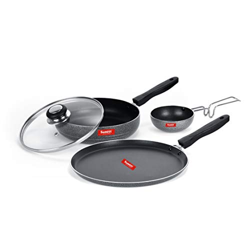 Sumeet NonStick Perak Cookware Set (Dosa Tawa - 26.5Cm Dia + Frypan with Glass Lid - 1.5Ltr - 22Cm Dia + Waghariya/Tadka pan - 190Ml - 10Cm Dia)