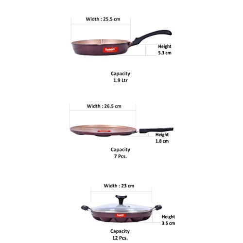 Sumeet Nonstick Granite Finish Ideal cookware Set (Round Grill Pan 25.5cm Dia + Grill Appam Patra with Glass Lid - 12 Cavity - 23cm Dia + Multi Snack Maker - 7 Cavity - 26.5cm Dia)
