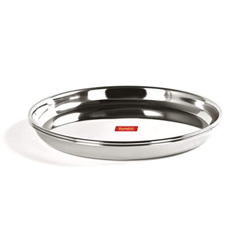 Sumeet Stainless Steel Heavy Gauge Deep Wall Dinner Plates with Mirror Finish 26.6cm Dia - Set of 2pc