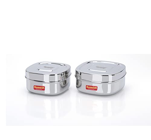 Sumeet Stainless Steel Square Storage containers Box/Dabba for Kitchen, Set of 2Pcs, 700ml & 1000ml,12.5cm & 14cm Dia, Silver