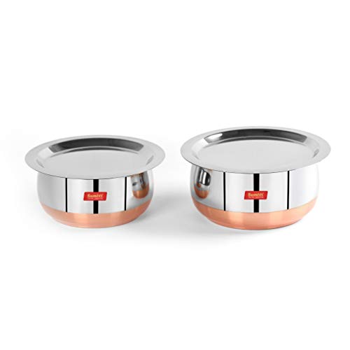 Sumeet Stainless Steel Copper Bottom Belly Shape 2 Pc Tope / Cookware/ Pot Set with Lid 1.1Ltr, 1.4Ltr (Silver)