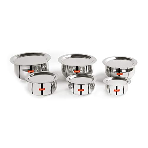Sumeet Stainless Steel Belly Shape 6 Pc Tope / Cookware/ Pot Set with Lid 380ML, 500ML, 780ML, 1.1Ltr, 1.4Ltr, 1.75Ltr (Silver)