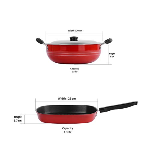 Sumeet 2.6mm Thick Non-Stick Scarlet Cookware Set (Kadhai with Lid – 1.5Ltr Capacity- 20cm Dia + Grill Pan – 1.1Ltr Capacity – 22cm Dia)