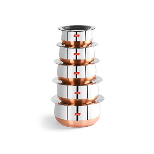 Sumeet Stainless Steel Copper Bottom Belly Shape 5 Pc Tope / Cookware/ Pot Set with Lid 380ML, 500ML, 780ML, 1.1Ltr, 1.4Ltr, (Silver)