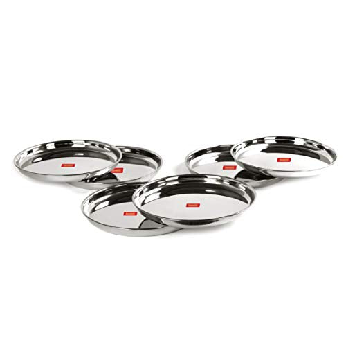Sumeet Stainless Steel Heavy Gauge Deep Wall Dinner Plates with Mirror Finish 33.7cm Dia - Set of 6pc