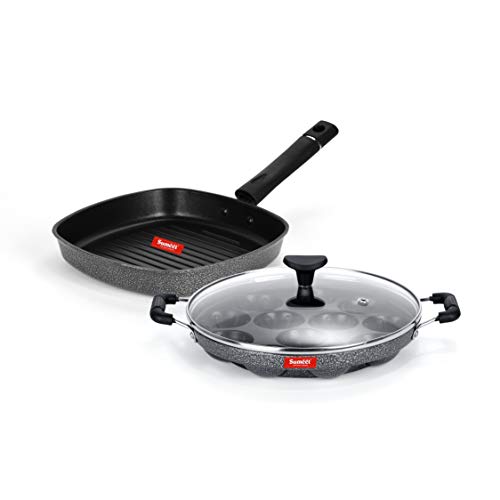 Sumeet NonStick Imvi Cookware Set (Grill Appam Patra with Glass Lid - 12 Cavity - 22cm Dia + Grill Pan-22cm Dia)