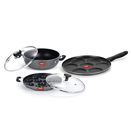 Sumeet NonStick Liath Cookware Set (Multi Snack Maker - 7 Cavity - 26.5Cm Dia + Kadhai with Glass Lid -2Ltr - 22Cm Dia + Grill Appam Patra with Glass Lid - 12 Cavity - 22cm Dia)