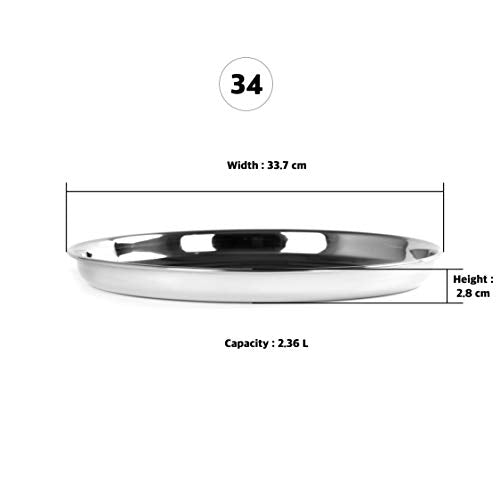 Sumeet Stainless Steel Heavy Gauge Deep Wall Dinner Plates with Mirror Finish 33.7cm Dia - Set of 2pc