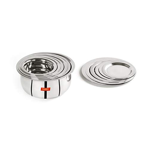 Sumeet Stainless Steel Belly Shape 6 Pc Tope / Cookware/ Pot Set with Lid 380ML, 500ML, 780ML, 1.1Ltr, 1.4Ltr, 1.75Ltr (Silver)