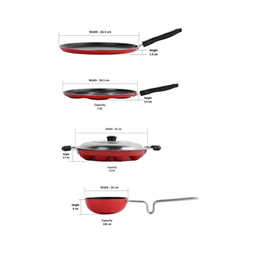 Sumeet 2.6mm Thick Non-Stick Rouge Cookware Set (Dosa Tawa – 26.5cm Dia + Multi Snack Maker – 26.5cm Dia + Grill Appam Patra with Lid – 23cm Dia + Tadka Pan – 10cm Dia)