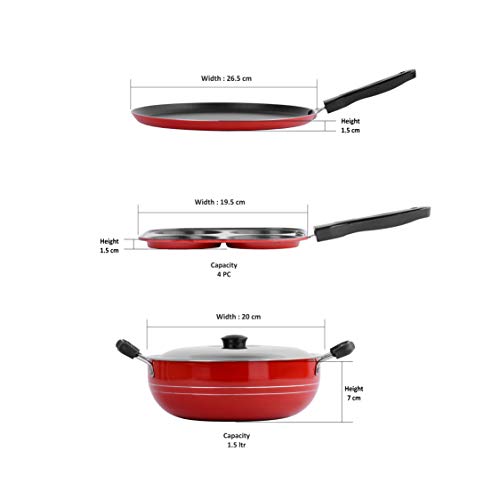 Sumeet 2.6mm Thick Non-Stick Red Blush Combo Set (Dosa Tawa – 26.5cm Dia + Multi Snack Maker – 26.5cm Dia + Kadhai with Lid – 1.5Ltr Capacity- 20cm Dia)