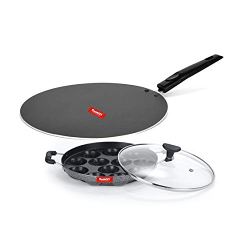 Sumeet NonStick Salapi Cookware Set (Flat Tawa - 30.5cm Dia + Grill Appam Patra with Glass Lid - 12 Cavity - 22cm Dia)