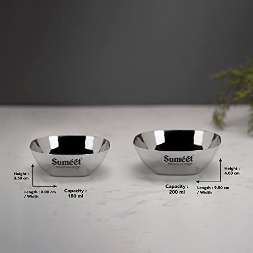 Sumeet Heavy Gauge Stainless Steel Apple Square Bowl/Wati/Katori with Mirror Finish, Combo Set of 12pc, 8cm & 9.5cm Dia, 180ML & 200ML (Each 6Pc) - Silver
