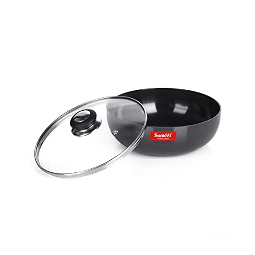 Sumeet 3mm Hard Anodized Deep Tasla with Glass Lid Size No. - 10 (18.5cm Dia. 1.3 LTR Capacity)