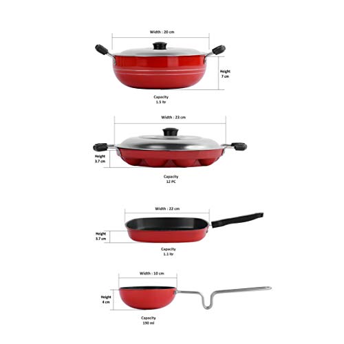 Sumeet 2.6mm Thick Non-Stick Puka Cookware Set (Kadhai with Lid – 1.5Ltr Capacity- 20cm Dia + Grill Appam Patra with Lid – 23cm Dia + Grill Pan – 1.1Ltr Capacity – 22cm Dia + Tadka Pan – 10cm Dia)