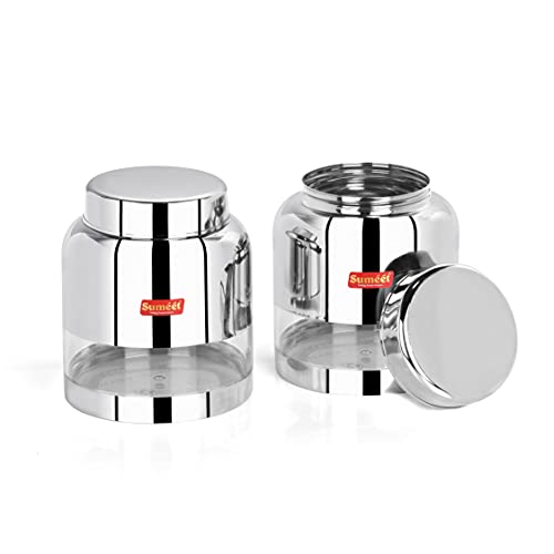 Sumeet Stainless Steel Circular See Through / Transparent Storage Container, Set of 2Pc, 1 Ltr each, 11.4 cm Dia, Silver