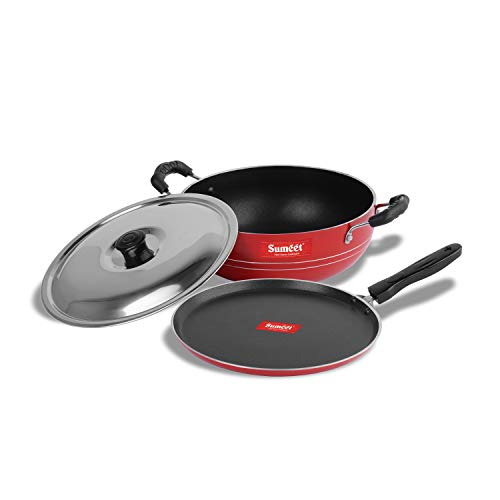 Sumeet 2.6mm Thick Non-Stick Ruby Cookware Set (Dosa Tawa – 26.5cm Dia + Kadhai with Lid – 1.5Ltr Capacity- 20cm Dia)