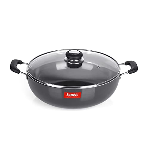 Sumeet 3mm Hard Anodized Deep kadai with Glass Lid Big Size No. - 15 (28.5cm Dia. 4.5 LTR Capacity)