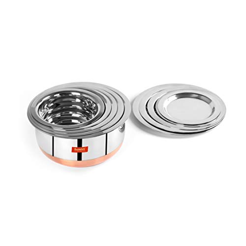 Sumeet Stainless Steel Copper Bottom Belly Shape 5 Pc Tope / Cookware/ Pot Set with Lid 380ML, 500ML, 780ML, 1.1Ltr, 1.4Ltr, (Silver)