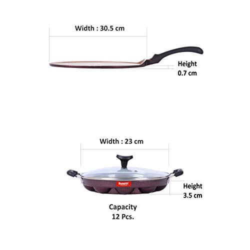 Sumeet Nonstick Granite Finish Kapow Cookware Set (Tawa 30.5cm Dia + Grill Appam Patra with Glass Lid - 12 Cavity - 23cm Dia)