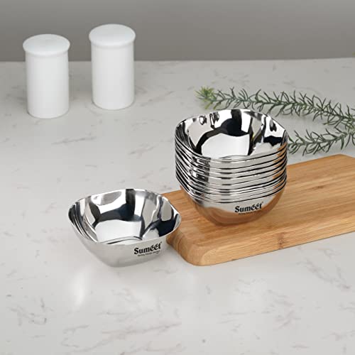 Sumeet Heavy Gauge Stainless Steel Apple Square Bowl/Wati/Katori with Mirror Finish – 9.5cm Dia, Set of 12pc, 200ML Each - Silver