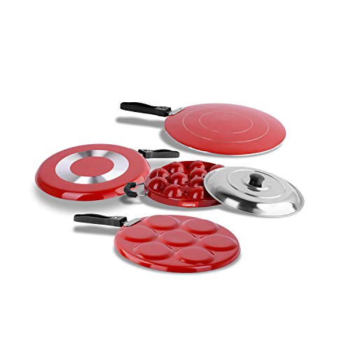 Sumeet 2.6mm Thick Non-Stick Rod Cookware Set (Dosa Tawa – 26.5cm Dia + Multi Snack Maker – 26.5cm Dia + Grill Appam Patra with Lid – 23cm Dia + Concave Tawa – 28cm Dia)