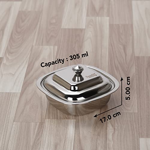 Sumeet Stainless Steel Square Serving Bowl / Curry Bowl / Gravy Pot with lid