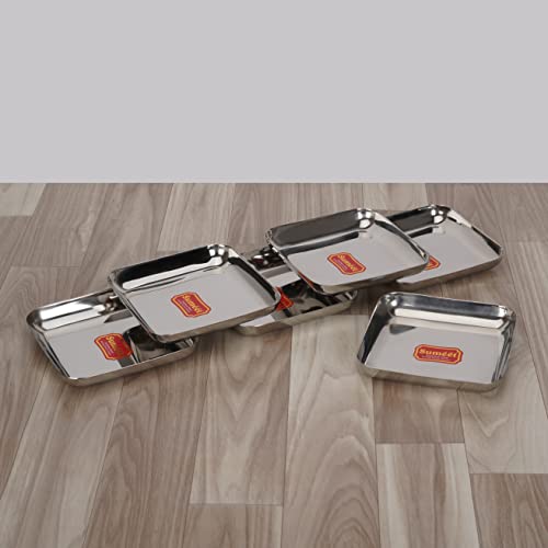 Sumeet Stainless Steel Small Square Shape Plate/Dessert Plate/Halwa Plate Set of 6pcs, 7.2cm Dia, Silver