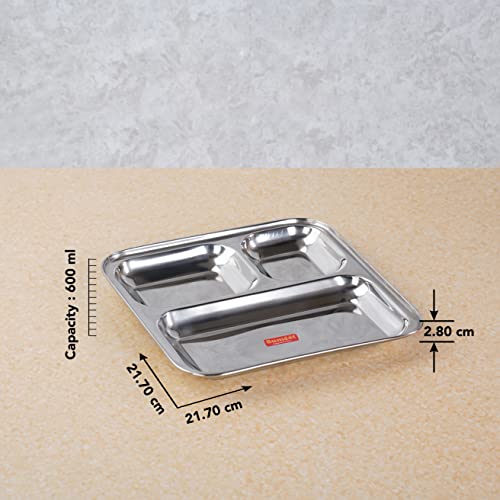 Sumeet Stainless Steel 3 in 1 Idli WADA Compartment Plate / Snack Plate / Breakfast Plate 1Pc, 21.7cm Dia, Silver